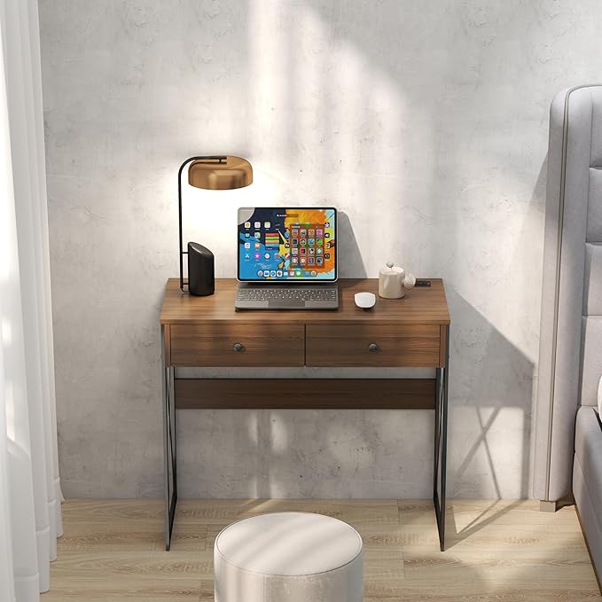 Manora Computer Desk with Power Outlet and USB Ports 31.5” Writing Desk with 2 Drawers Small Home Office Desk with Metal Frame for Bedroom Study or Dorm (Rustic Brown)