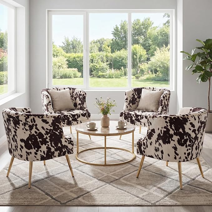 Modern Armchair Living Room Chair Small Tufted Linen Accent Chair for Bedroom with Upholstered Cushion Comfy Bedroom Chair with Golden Metal Legs Nailed Decorative (Cow)