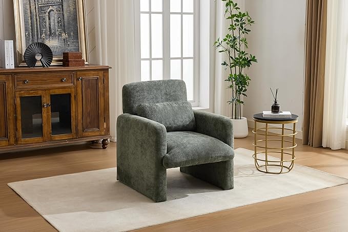 GDFStudio 30 Modern Accent Chair Upgrade Leisure Boucle Upholstered Armchair with Straight Arms and Waist Pillow Comfy Single Sofa Chair for Living Room Bedroom Office Apartment Antique Green