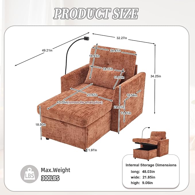 32 Comfy Chaise Lounge Sofa Bed Chair with Storage Side Pockets Phone Holder &amp 2 Pillows Modern Chenille Upholstered Sleeper Sofa Leisure Chair for Living Room Bedroom Small Spaces (Orange)