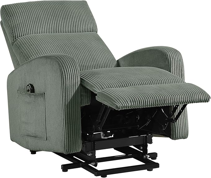 Lexicon Power Lift Recliner Chair for Elderly with Remote Control Gentle Lift Motion Side Pocket Armrest Corduroy Upholstered Electric Recliner for Living Room/Bedroom Easy Assembly Green