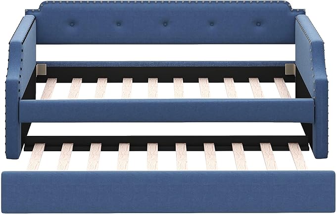 Flieks Twin Upholstered Daybed Linen Fabric Upholstered Tufted Sofa Bed with Trundle Sofa Bed Trundle Daybed with Wood Frame (Blue)