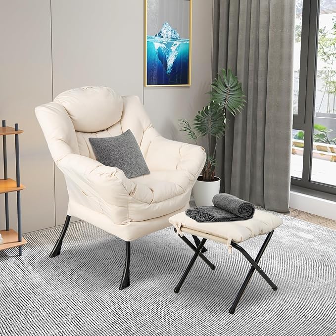 KOMFOTT Lazy Chair with Ottoman Set of 2 Leisure Upholstered Reading Sofa Chair with Armrests &amp Side Pocket Modern Lounge Accent Chair with Folding Footrest for Living Room Bedroom Balcony Be