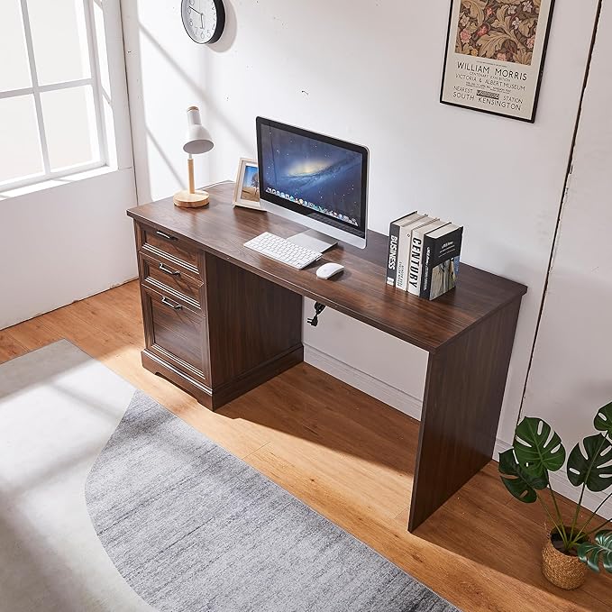 60 Farmhouse Executive Desk with Charging StationHome Office Desk with 2 Drawers &amp1 File CabinetFluted Computer Desk for Office and Home (Walnut)
