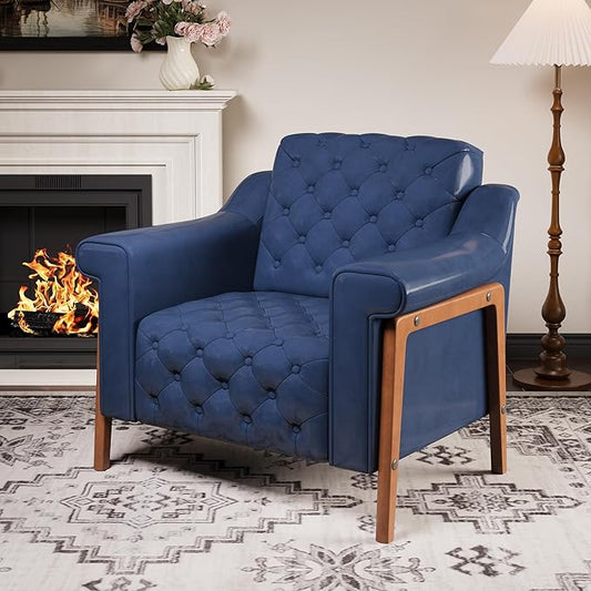 EJUNQ Cozy Accent ChairPU Leather Modern Living Room ChairsMid-Century Office Reading ChairSingle SofaArmchair for Bedroom Apartment Waiting Room(Dark Blue)