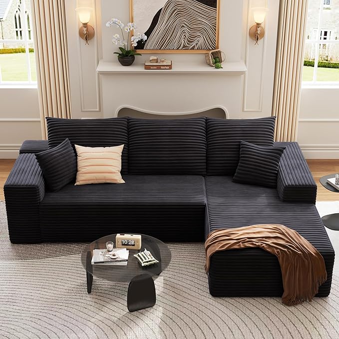 95 Cloud Sectional Couch with L-Shape Chaise Modern Corduroy Boneless Deep Seat Sofa 3-Seater Modular Sleeper Couch for Living Room Bedroom Apartment No Assembly (Black Right-Facing Chaise)