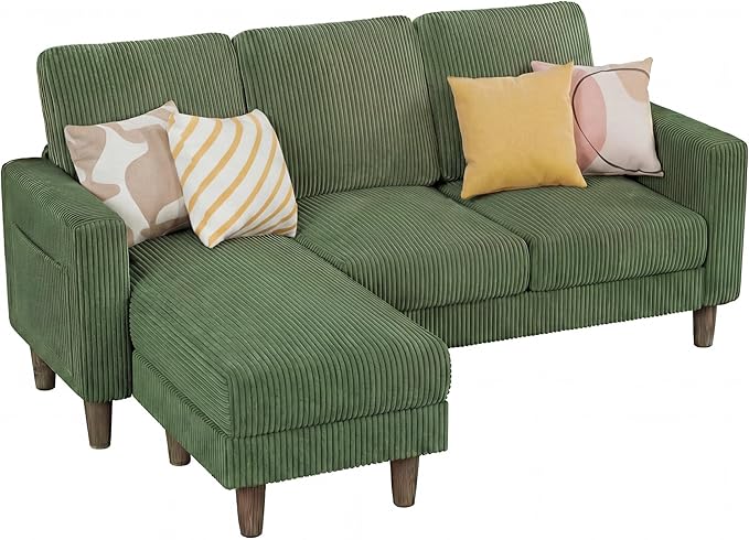 Homall 3 Seat Couch L Shape Sofa with Side Storage Pockage Sectional Couches with Reversible Ottoma Upholstered Sofa for Living Room and Small Spaces (Corduroy Green)