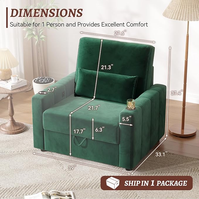 39 Inch Accent Chair Velvet Fabric Comfy Oversized Single Sofa Armchair with Storage USB Cup Holders Easy Installation Modern Chairs for Living Room Game Room