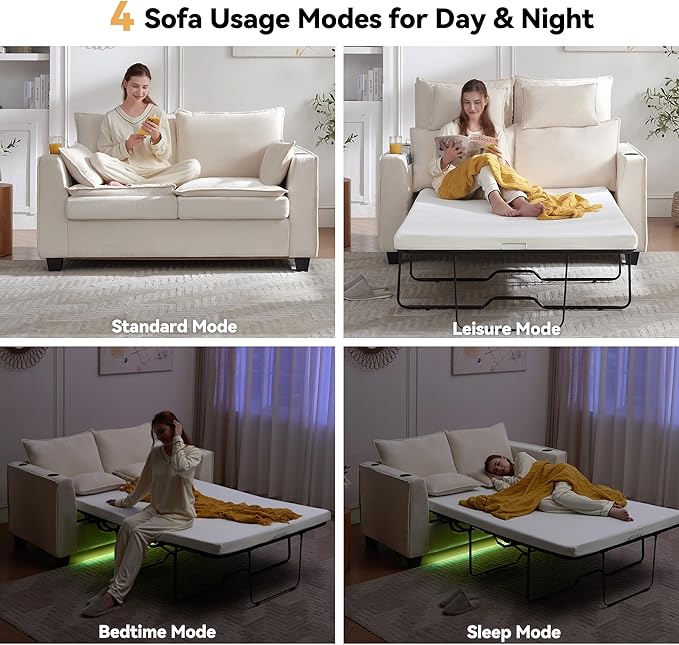 65 Pull Out Sofa Bed Sleeper Sofa Couch 2-in-1 Convertible Chenille Loveseat with USB Charging Ports and Memory Foam Mattress Full Size Pullout Bed for Living Room Apartment or Office Beige