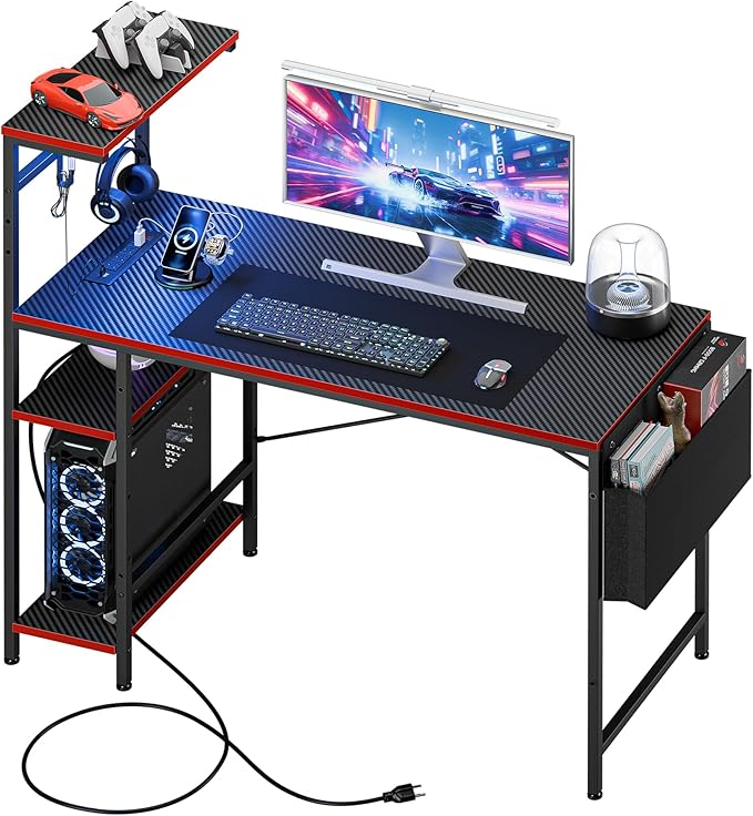 HomGarden Gaming Desk with Power Outlets and LED Lights 44 Inch Computer Desk with Monitor Stand and Reversible Shelves for Home Office Bedroom Black