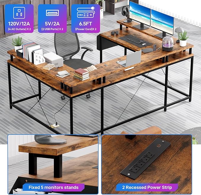 U Shaped Home Office Desk Reversible L Shaped Gaming Computer Desk With Power Outlets126 Inch Computer Desk With Monitor Stand and LED LightsStorage ShelvesStorage Bag and Hooks（Rustic Brown）