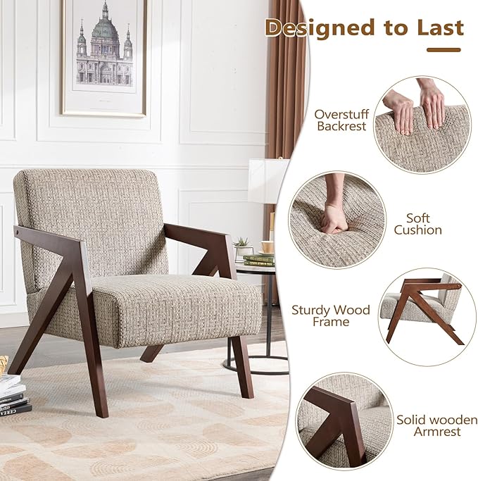 Bonzy Home Mid-Century Modern Accent Chair with Solid Wood Frame Upholstered Armchair for Bedroom &amp Living RoomReading Side Chair with Soft Lien Fabric CushionEasy Assembly