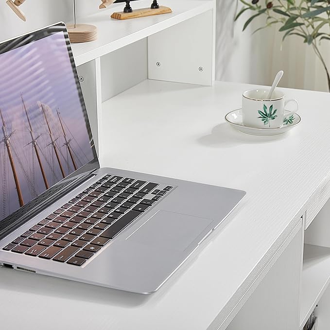 Yaheetech Desk with Keyboard Tray Home Office Computer Desk Wooden PC Laptop Desk Morden Sturdy Study Writing Table White