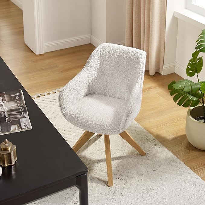 Art Leon Swivel Accent Chair - Mid Century Modern Desk Chair No Wheels Boucle Fabric Upholstered Armchair with Natural Oak Wood Lges White
