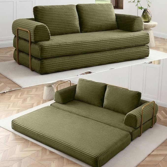 HANXIN 80 Inch Convertible Sleeper Sofa Bed High Back Plush Corduroy Folding Floor Mattress Couch with Fixed-Shape Frame Boneless Futon Loveseat with Pull Out Bed No Assembly Required (Green)