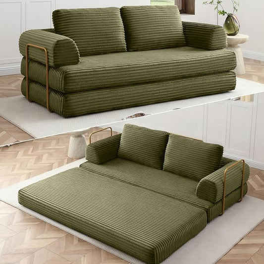 HANXIN 80 Inch Convertible Sleeper Sofa Bed High Back Plush Corduroy Folding Floor Mattress Couch with Fixed-Shape Frame Boneless Futon Loveseat with Pull Out Bed No Assembly Required (Green)