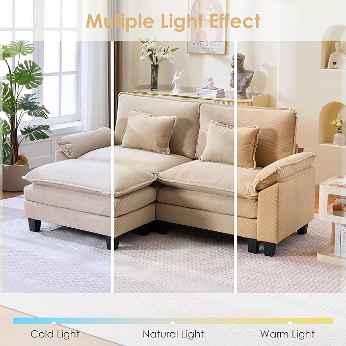 87 Corduroy Modular Sectional Sofa Convertible L Shaped Modular Sofa Comfy Cloud Couch with Ottoman Side Pockets and 2 Throw Pillows for Living Room Kahki 3 Seats