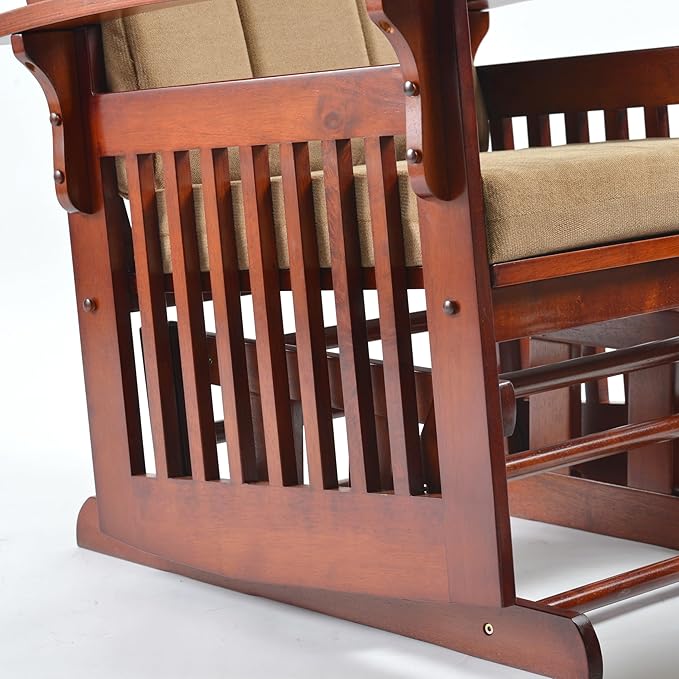 Solid Wood Glider Rocking Chair and Ottoman Set Rustic Nursery Glider Rocker with Padded Cushion Smooth Rocking Motion Indoor Living Room NursingNappingReading Coffee