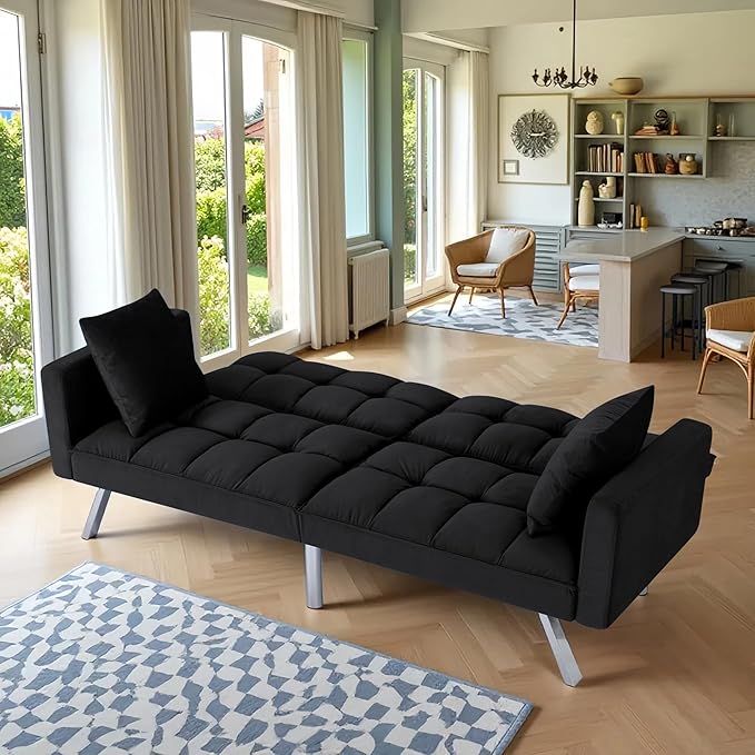 78 Modern Sofa Bed FutonConvertible Sleeper Bed Couch with 4 Reclining BackrestComfy Velvet Cloud Sofa Loveseat for Living Room Bedroom Office (Black)