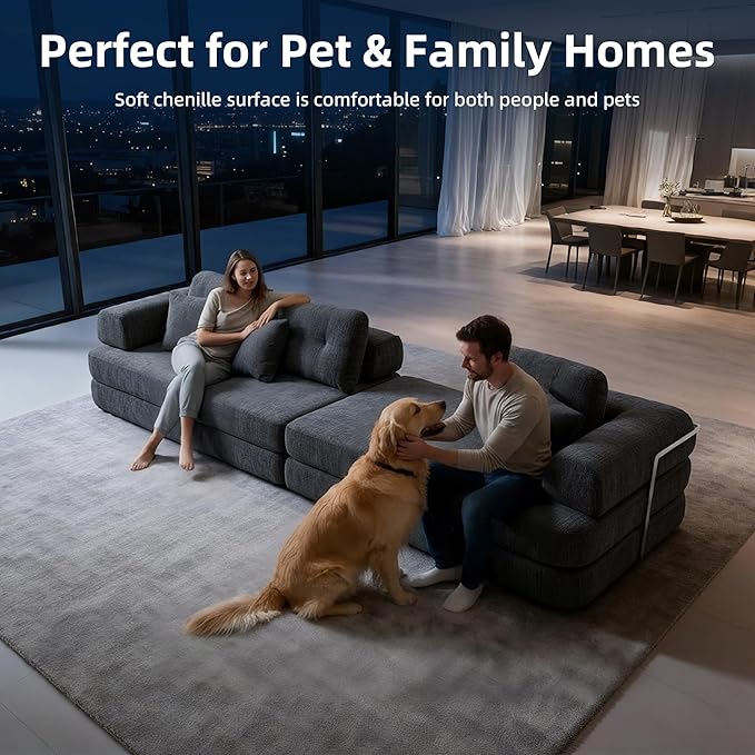 104 Modular Sectional Sofa 8-in-1 Convertible Sleeper Couch with Pet-Friendly Chenille Fabric High-Density Foam Floor Seating for Living Room Apartment (Dark Gray)