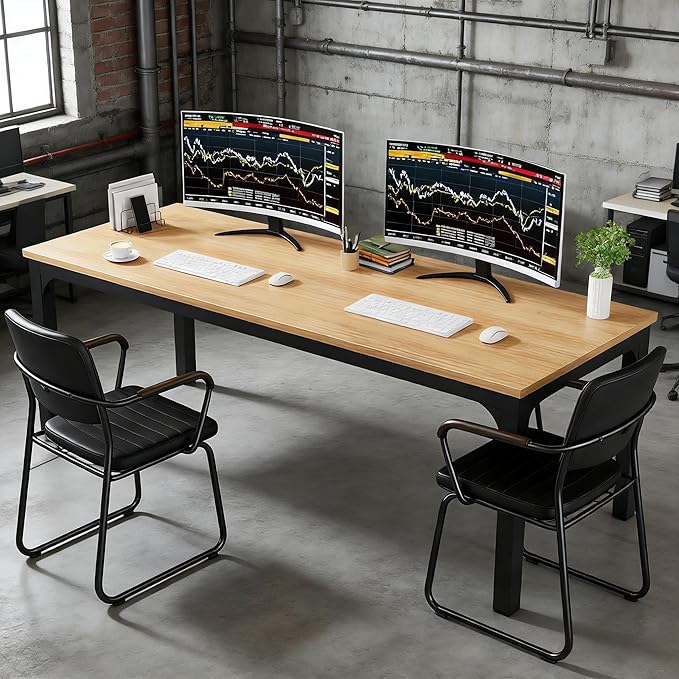 78 Inch Long Computer Desk 2 Person Executive Office Desk Extra Large Double Workstation Simple Study Student Writing Table for Home Office (Walnut+Black)