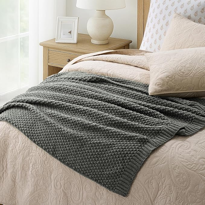 EVERGRACEHOME Chunky Chenille Knit Throw Blanket for Couch Soft Luxurious Moss Stitch Blankets for Bed Cozy Decorative Farmhouse Knitted Throws for Sofa Charcoal Gray 50 x 60