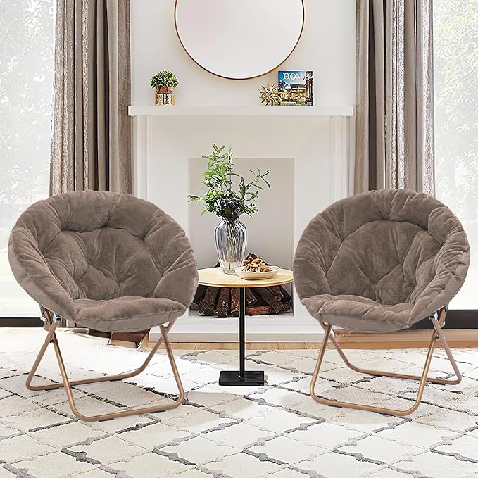 Comfy Saucer Chair Set of 2 Metal Frame Cozy Lounge Lazy Chair Folding Faux Fur Round Saucer Chair for Adults Foldable Papasan Moon Chair for Living Room Dorm Bedroom