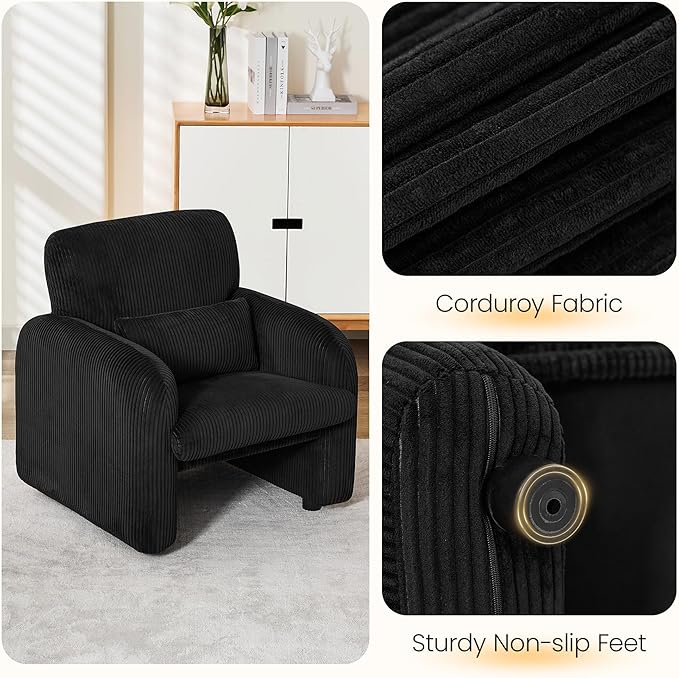 Modern Accent Chair Comfy Upholstered Corduroy Armchair Stylish Lounge Reading Chair for Living Room Bedroom Black