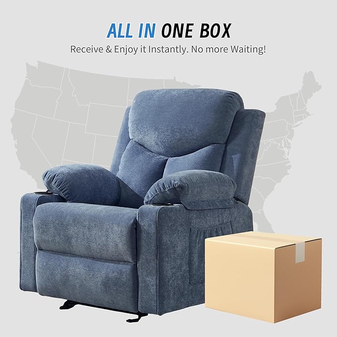 Manual Rocker Recliner Chair for Adults with Vibration MassageGlider Rocking Recliner Chairs for Living Room Bedroom Overstuffed Reclining Sofa Chair with Pockets and Cup Holds (Blue)