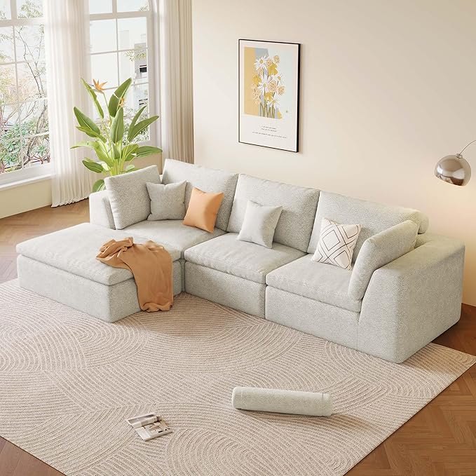 39.4 Oversized Ottoman Foot Rest for Sectional Couch Movable Cloud Rectangle Ottoman with Memory Foam and Soft Teddy Fleece Modular Pouf No Assembly Required Non-Slip Bottom (Beige)