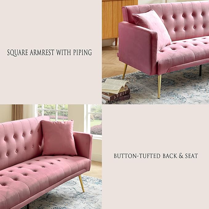 Anwick Modern Velvet Futon Sofa Bed: 72 Satin Convertible 2 Pillows Tufted Back Golden Metal Legs Folding Sleeper Loveseat for Small Space Home Office Living Room (Pink)