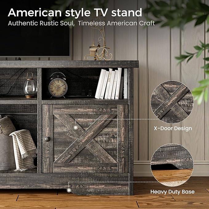 Casaottima TV Stand for 65 Inch TV Farmhouse Entertainment Center with Power Outlet &amp LED Light and Storage Cabinets Console Table and Media Furniture for Living Room Bedroom Dark Oak