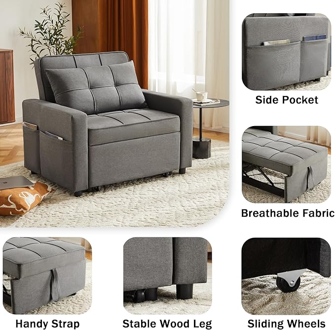 Sofa Bed Chair Convertible Sleeper Sofa with Pull-Out Bed 3-in-1 Futon Couch with Reclining Backrest and Side Pocket (Dark Grey 35.6‘)