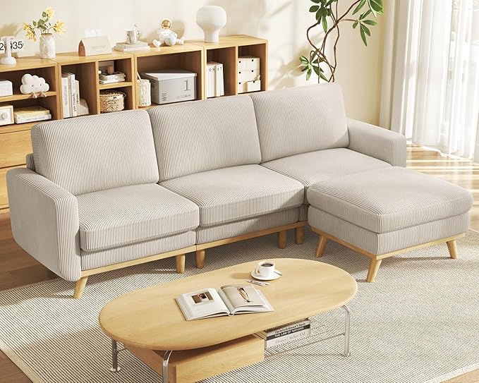 97 Light Gray Corduroy Modular Sectional Sofa L-Shaped Couch with Movable Ottoman &amp Spring Cushion Deep Seat Modular Sofa for Living Room Bedroom Apartment