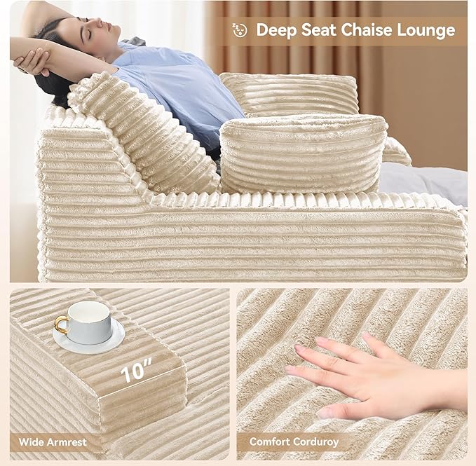 51'' Oversized Chaise Lounge Chair Indoor Non-Assembly Deep Seat Sofa Bed Corduroy Sleeper Cloud Boneless Couch with 2pcs Pillows for Reading Living Room-Khaki