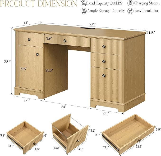 59 Modern Executive Desk with Drawers Wood Home Office Computer Desk with Charging Station 5 Drawers &amp 1 Cabinet File Drawer Fluted Computer Writing Desk for Study Living Room Bedroom Oak