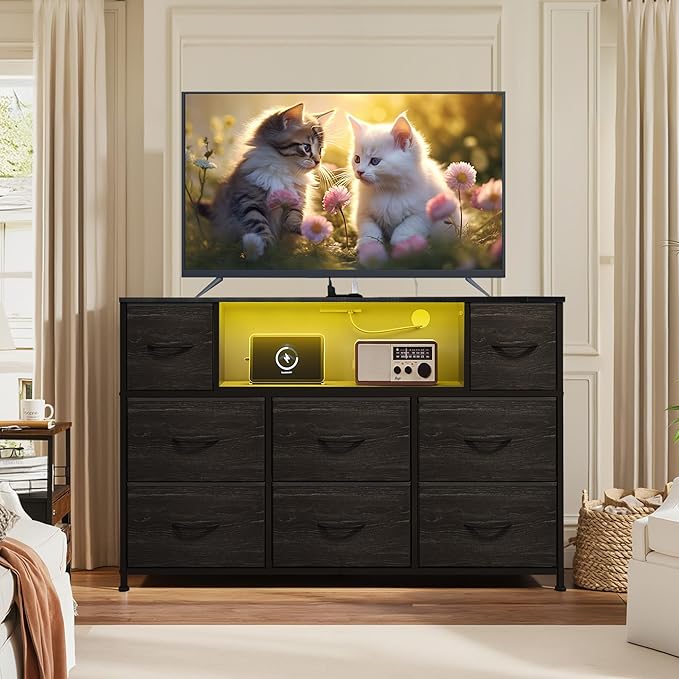 Black TV Stand for 45 50 55 inch TV TV Media Console Table with LED Lights &amp Charging Station Entertainment Center with 8 Fabric Drawers and Open Shelves for Living Room Hallway