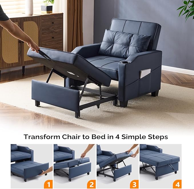 VINGLI Blue Sleeper Chair Bed 3-in-1 Convertible Futon Sofa Bed Pull Out Couch Bed Adjustable Recliner Chair with USB Ports Cup Holders Side Pockets for Living Room Bedroom Small Spaces
