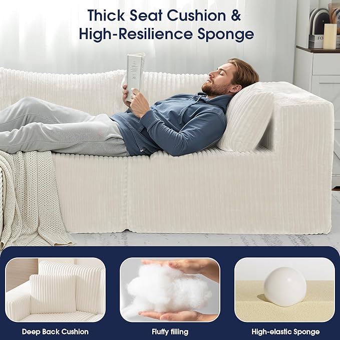 KINGYES 107'' Modular Sectional Sofa L Shaped Cloud Couch for Living Room Modern Plush Corduroy Boneless Sofa with Chaise for Bedroom Beige