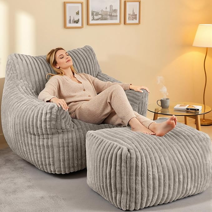 Giant Bean Bag Chair with Ottoman Oversized Memory Foam Bean Bag Sofa for Adults and Kids Large Comfy Fluffy Single Lounges Mini Couch for Living Room Bedroom &amp Dorm(Taupe)