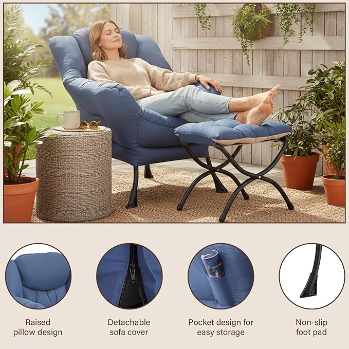 Welnow Lazy Chair with Ottoman Modern Accent Chair with Armrests and a Side Pocket Leisure Sofa Armchair Reading Armchair with Footrest for Small Space Royal Blue
