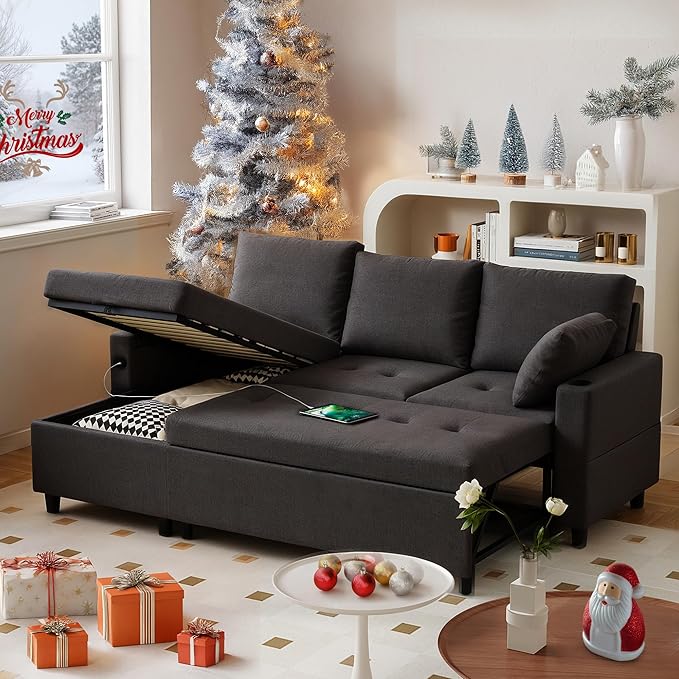 Sleeper Sofa Couch with Pullout Bed 83.5 Sectional Sofa Bed Couches for Living Room Apartment Pull Out Couch with USB Charing Reversible Storage Chaise Cup Holder Linen Fabric Black