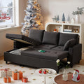 Sleeper Sofa Couch with Pullout Bed 83.5 Sectional Sofa Bed Couches for Living Room Apartment Pull Out Couch with USB Charing Reversible Storage Chaise Cup Holder Linen Fabric Black