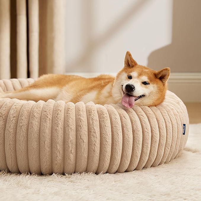 Bedsure ComfyFleece™ Donut Large Dog Bed - Washable Faux Fur with Corduroy Fleece &amp Anti Slip Bottom Round Pet Bed with Removable Cover Sandy Beige 36x36x8 inches