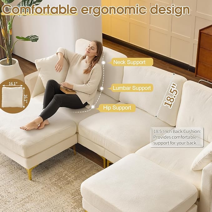 VINGLI 100 W U Shaped Couch with Ottoman 22 Deep Seat Comfortable Sectional Couches for Living Room 3 Seater Chenille Fabric Cloud Sofa for Apartment Small Spaces Bedroom Beige