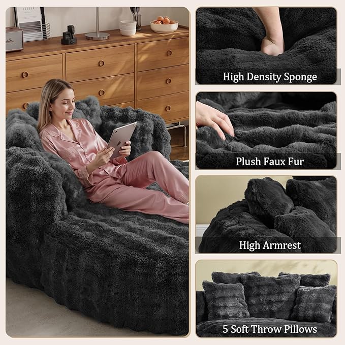 55 Oversized Chaise Lounge Indoor Round Reading Chair Lounge Chair with Ottoman Boneless Sofa Bed Large Fluffy Plush Faux Fur Chaise Chair for Living Room Playroom Bedroom Grey
