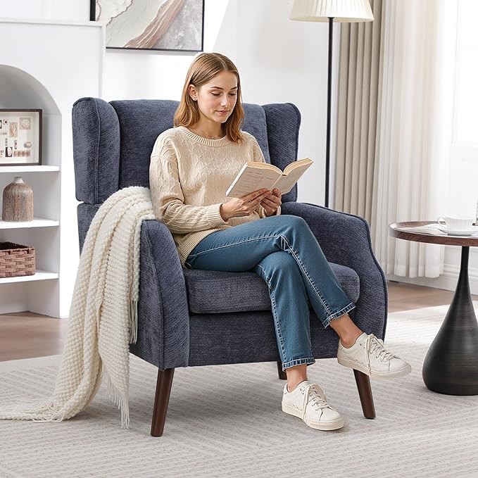 Accent Chair for Living RoomMid Century Modern Wingback Chair for BedroomUpholstered Armchair with Lounge Seat and Wood Legs for Office Apartment Small Room 1PCS Blue