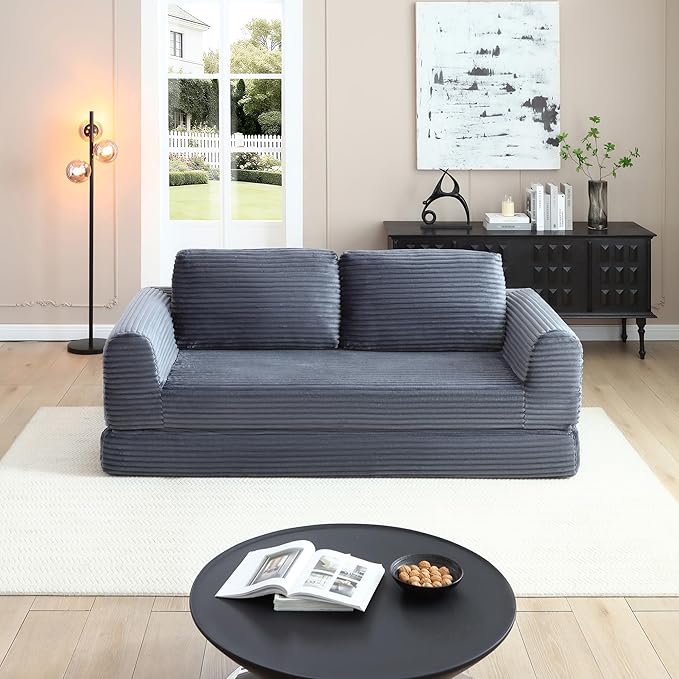 82 Corduroy Convertible Boneless Couch with Pull-Out Bed 2 in-1 Folding Convertible Sofa Bed with Pillows Loveseat Floor Sofa Couches for Living Room No Assembly Required (Grey) | Breathable Mater
