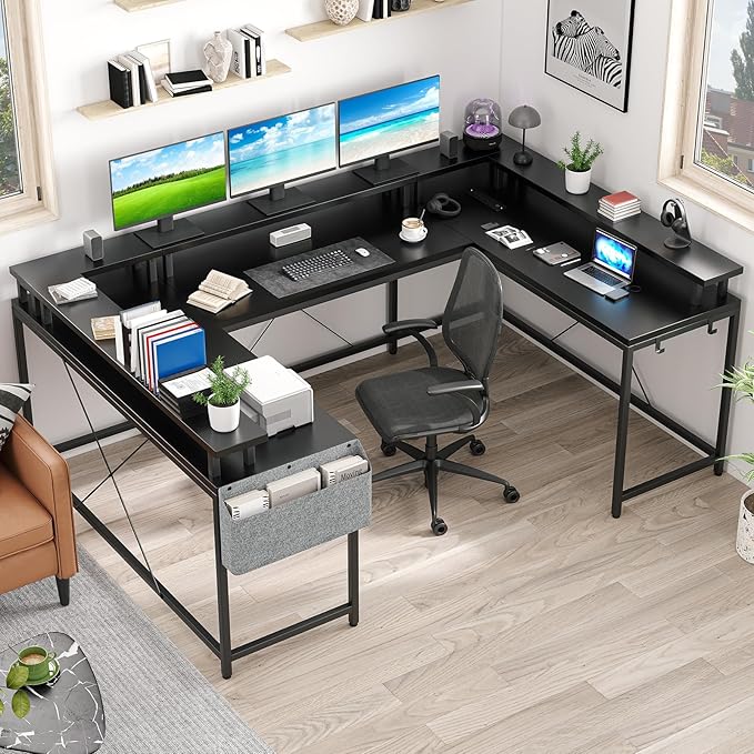 GarveeHome U Shaped Desk with Power Outlets &amp LED Lights 79 in Reversible L Shaped Desk Corner Computer Desk Office Desk with Full Monitor Stand Black