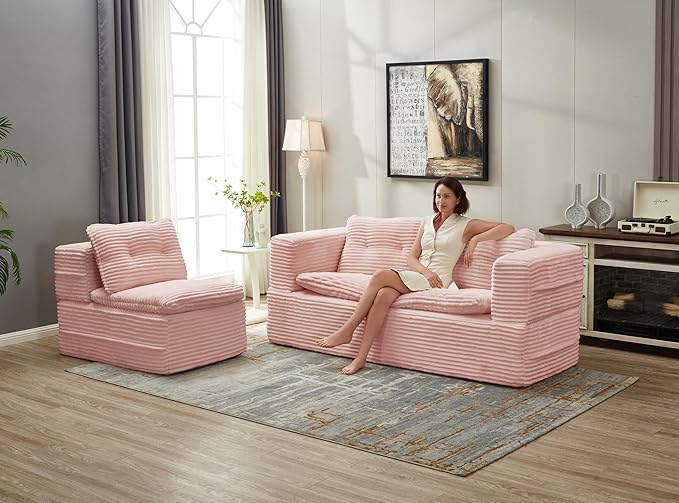 Folding Convertible Sectional Sofa Bed Corduroy Floor Couch Loveseat Lounge Chaise for Office Apartment80 King Size BedBaby Pink